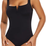SHAPERIN Women's Notch V Square Neck Sleeveless Bodysuit Tank Tops Tummy Control Shapewear Thong Body Suits Double Lined