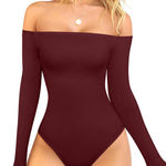 OQQ Bodysuits Womens Off-Shoulder Long Sleeve Seamless Shapewear Tops Darkred