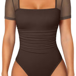 OQQ Women Short Sleeve Bodysuit Square Neck Tummy Control Shapewear Mesh Ruched One Piece Leotard Shirts Going Out Tops