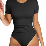 OQQ Women's Crew Neck Short Sleeve Bodysuit Ruched Stretch Vacation Basic for Tops Spring & Summer