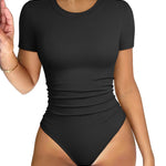 OQQ Women's Crew Neck Short Sleeve Bodysuit Ruched Stretch Vacation Basic for Tops Spring & Summer Black