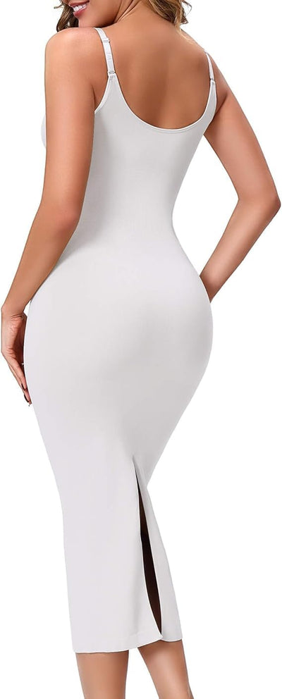 HEPOE Shapewear Slip for Women, Seamless Tummy Control Under Dress, V Neck Back Slit Body Shaper