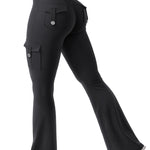 YEOREO CoreFlex Women Workout Flare Leggings with Pockets Hidden Scrunch High Waisted Cargo Gym Yoga Leggings Black M