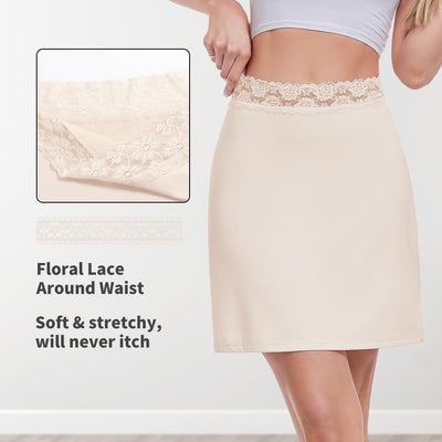 MANCYFIT Half Slips for Women Underskirt Short Mini Skirt with Floral Lace Waistband Nude Large