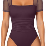 OQQ Women Short Sleeve Bodysuit Square Neck Tummy Control Shapewear Mesh Ruched One Piece Leotard Shirts Going Out Tops