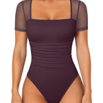 OQQ Women Short Sleeve Bodysuit Square Neck Tummy Control Shapewear Mesh Ruched One Piece Leotard Shirts Going Out Tops Deeppurple