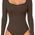 OQQ Women Bodysuit Contrast-Trim Square Neck Long Sleeve Stretch Bodysuit Tops