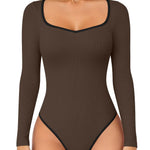 OQQ Women Bodysuit Contrast-Trim Square Neck Long Sleeve Stretch Bodysuit Tops Darkbrown