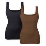 EUYZOU Women's 2PK Tummy Control Shapewear Tank Tops Seamless Square Neck Compression Tops Slimming Body Shaper Camisole-Black/Coffee L