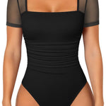 OQQ Women Short Sleeve Bodysuit Square Neck Tummy Control Shapewear Mesh Ruched One Piece Leotard Shirts Going Out Tops