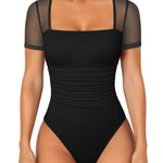 OQQ Women Short Sleeve Bodysuit Square Neck Tummy Control Shapewear Mesh Ruched One Piece Leotard Shirts Going Out Tops Black