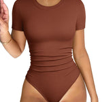 OQQ Women's Crew Neck Short Sleeve Bodysuit Ruched Stretch Vacation Basic for Tops Spring & Summer