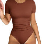 OQQ Women's Crew Neck Short Sleeve Bodysuit Ruched Stretch Vacation Basic for Tops Spring & Summer Caramel