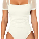 OQQ Women Short Sleeve Bodysuit Square Neck Tummy Control Shapewear Mesh Ruched One Piece Leotard Shirts Going Out Tops