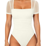 OQQ Women Short Sleeve Bodysuit Square Neck Tummy Control Shapewear Mesh Ruched One Piece Leotard Shirts Going Out Tops Beige