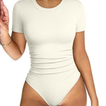 OQQ Women's Crew Neck Short Sleeve Bodysuit Ruched Stretch Vacation Basic for Tops Spring & Summer Beige