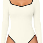 OQQ Women Bodysuit Contrast-Trim Square Neck Long Sleeve Stretch Bodysuit Tops