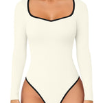 OQQ Women Bodysuit Contrast-Trim Square Neck Long Sleeve Stretch Bodysuit Tops Beige