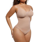 herslims Faja Bodysuit for Women, Tummy Control Shapewear, Seamless Sculpting Body Shaper with Snatched Waist and Power Mesh Tummy Panel, Brief, Thong, or Mid-Thigh Cut, Beige Brief L/XL