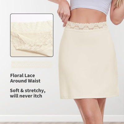 MANCYFIT Half Slips for Women Underskirt Short Mini Skirt with Floral Lace Waistband Beige Large