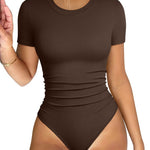 OQQ Women's Crew Neck Short Sleeve Bodysuit Ruched Stretch Vacation Basic for Tops Spring & Summer