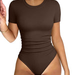 OQQ Women's Crew Neck Short Sleeve Bodysuit Ruched Stretch Vacation Basic for Tops Spring & Summer Darkbrown