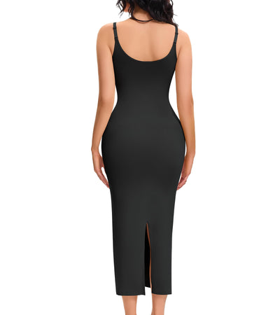 Miguofan Shapewear Slips for Under Dresses Full Slip Dress for Women Tummy Control Seamless Body Shaper V Neck Slip (US, Alpha, Large, Regular, Regular, Black)
