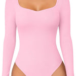 OQQ Women Bodysuit Contrast-Trim Square Neck Long Sleeve Stretch Bodysuit Tops