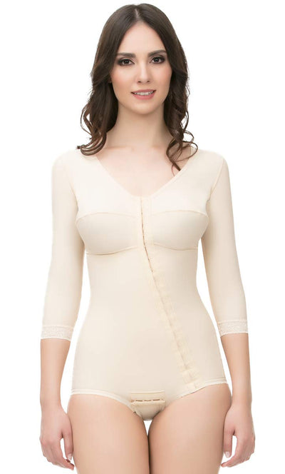 Isavela High Back Body Suit Off Center Front Hook and Eye Closure Panty Length With Sleeves (BB11) (XL, Black)