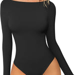 OQQ Bodysuits for Women Boatneck Long Sleeve Basic Stretch Classic-Fit Tops Sexy Bodysuit