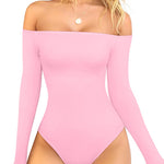 OQQ Bodysuits Womens Off-Shoulder Long Sleeve Seamless Shapewear Tops Pink cherry blossom