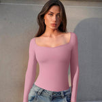 OQQ Women Bodysuit Contrast-Trim Square Neck Long Sleeve Stretch Bodysuit Tops Dusty pink