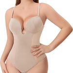 Thong Shapewear for Women Tummy Control Low Back U Plunge Backless Body Shaper Bra Faja with Open Crotch Bodysuit