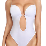 JOYSHAPER Women Plunging Deep V-Neck Strapless Backless Bodysuit Seamless Thong Full Body Shapewear for Wedding Party White M