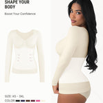 FeelinGirl Compression Shirt Women Shapewear Tummy Control Body Shaper Long Sleeve Slimming V Neck Top White Small