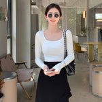 OQQ Women's 2 Piece Bodysuits Sexy Ribbed One Piece Square Neck Long Sleeve Tops Black White