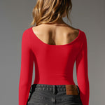 OQQ Bodysuits for Women Boatneck Long Sleeve Basic Stretch Classic-Fit Tops Sexy Bodysuit Red