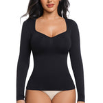 ONEW Shapewear Tummy Control Long Sleeve Shirts For Women Seamless V Neck Compression Shirt Slimming Body Shaper,Black,Medium