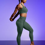 IUGA Compression Leggings with Pockets for Women Tummy Control Leggings No Front Seam Workout High Waist Yoga Pants, Forest Green