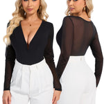 SHAPERIN Mesh Long Sleeve Shapewear Bodysuit Women Sexy Deep V Neck Tummy Control Sheer Body Suit Going Out Tops Concert Outfits Black S