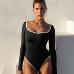 OQQ Women Bodysuit Contrast-Trim Square Neck Long Sleeve Stretch Bodysuit Tops Black