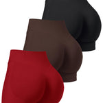 OLCHEE Womens Workout Shorts Seamless Scrunch Butt Lifting 3 Pack Yoga Gym Athletic High Waisted Tummy Control Booty 4.1" Inseam - Black Brown Red Large