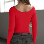 OQQ Bodysuits for Women Boatneck Long Sleeve Basic Stretch Classic-Fit Tops Sexy Bodysuit Red