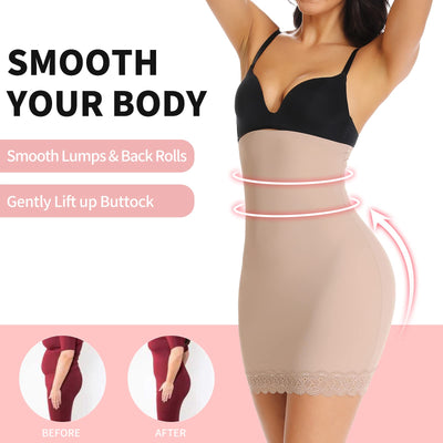 JOYSHAPER Shapewear Dress Slip for Under Dresses Skirt with Lace Half Slip Tummy Control Short Body Shaper Beige Large