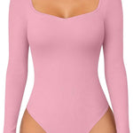 OQQ Women Bodysuit Contrast-Trim Square Neck Long Sleeve Stretch Bodysuit Tops