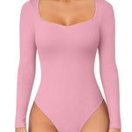 OQQ Women Bodysuit Contrast-Trim Square Neck Long Sleeve Stretch Bodysuit Tops Dusty pink