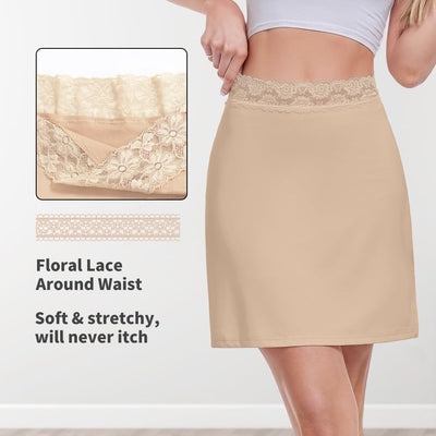 MANCYFIT Half Slips for Women Underskirt Short Mini Skirt with Floral Lace Waistband Light Brown Large