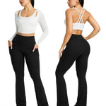 PRETISKY Womens Flared Yoga Pants with Pockets, High Waisted Flare Leggings Bell Bottom Bootcut Yoga Dress Pants Black