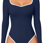 OQQ Women Bodysuit Contrast-Trim Square Neck Long Sleeve Stretch Bodysuit Tops