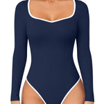 OQQ Women Bodysuit Contrast-Trim Square Neck Long Sleeve Stretch Bodysuit Tops Navy blue